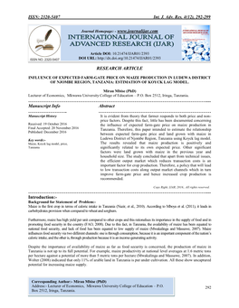 Influence of Expected Farm-Gate Price on Maize Production in Ludewa District of Njombe Region, Tanzania: Estimation of Koyck Lag Model