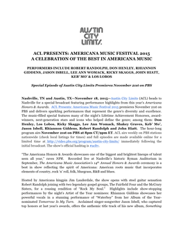 Acl Presents: Americana Music Festival 2015 a Celebration of the Best in Americana Music