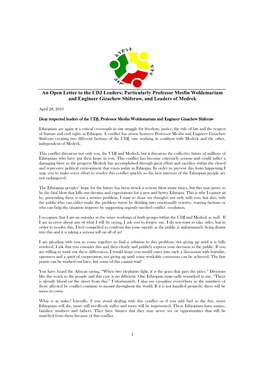 An Open Letter to the UDJ Leaders; Particularly Professor Mesfin Woldemariam and Engineer Gizachew Shiferaw, and Leaders of Medrek