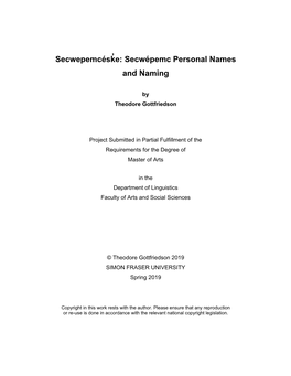 Secwepemcésk ̓ E: Secwépemc Personal Names and Naming