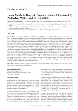 Angelica Sinensis) Consumed by Postpartum Mothers and Its Health Risk Normina Ahmad Bustami1, Yu Bin Ho2, Chung Keat Tan1, Ahmad Zaharin Aris3, Eugenie Sin Sing Tan1