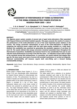 Assessment of Performance of Turbo-Alternators at the Jebba Hydroelectric Power Station in Nigeria from 2005 – 2014