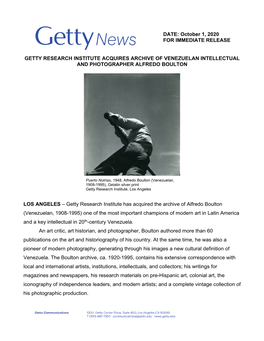 October 1, 2020 for IMMEDIATE RELEASE GETTY RESEARCH