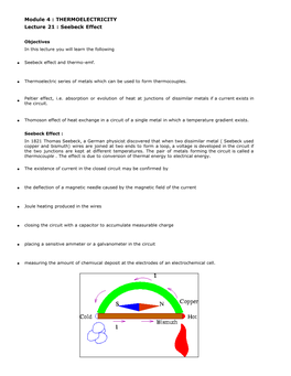 Module 4 : THERMOELECTRICITY Lecture 21 : Seebeck Effect