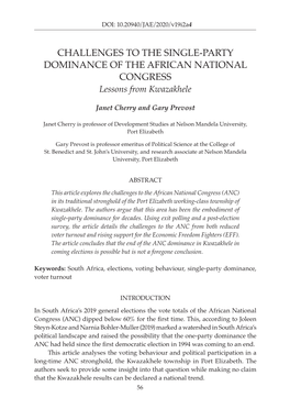 CHALLENGES to the SINGLE-PARTY DOMINANCE of the AFRICAN NATIONAL CONGRESS Lessons from Kwazakhele