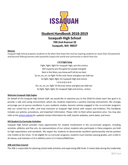 Student Handbook 2018-2019 Issaquah High School 700 2Nd Avenue SE Issaquah, WA 98027