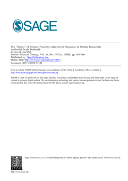 Of Culture Properly Interpreted: Response to Nikolas Kompridis Author(S): Seyla Benhabib Reviewed Work(S): Source: Political Theory, Vol