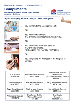 Illawarra Shoalhaven Local Health District Compliments Information for Patients, Clients, Carers, Families, Consumers & Visitors