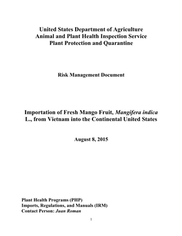 United States Department of Agriculture Animal and Plant Health Inspection Service Plant Protection and Quarantine