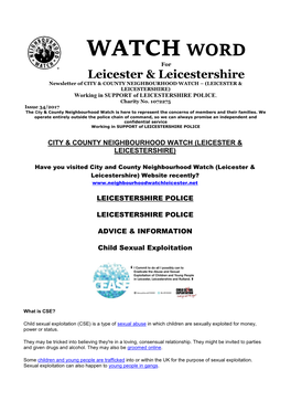 WATCH WORD for Leicester & Leicestershire Newsletter of CITY & COUNTY NEIGHBOURHOOD WATCH – (LEICESTER & LEICESTERSHIRE) Working in SUPPORT of LEICESTERSHIRE POLICE