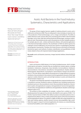 Acetic Acid Bacteria in the Food Industry: Systematics, Characteristics and Applications
