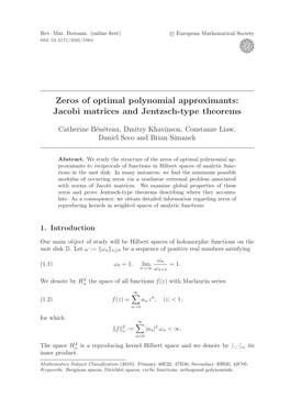 Zeros of Optimal Polynomial Approximants: Jacobi Matrices and Jentzsch-Type Theorems