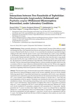 Diachasmimorpha Longicaudata (Ashmead) and Psyttalia Cosyrae (Wilkinson) (Hymenoptera: Braconidae), Under Laboratory Conditions