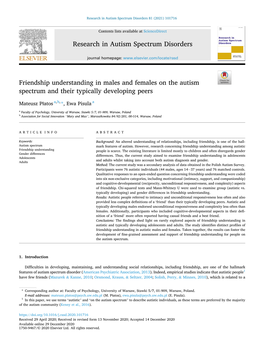 Friendship Understanding in Males and Females on the Autism Spectrum and Their Typically Developing Peers