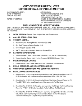 City of West Liberty, Iowa Notice of Call of Public Meeting