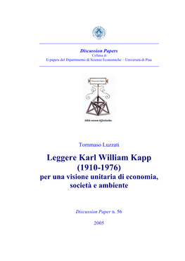 Leggere Karl William Kapp (1910-1976) Per Una Visione Unitaria Di Economia, Società E Ambiente