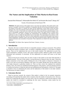 The Nature and the Implications of Thin Market in Real Estate Valuation
