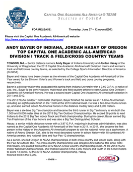 Andy Bayer of Indiana, Jordan Hasay of Oregon Top Capital One Academic All-America® Division I Track & Field/Cross Country Teams