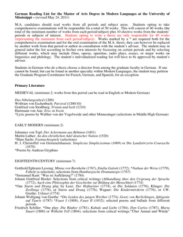 German Reading List for the Master of Arts Degree in Modern Languages at the University of Mississippi – (Revised May 24, 2011)