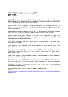 PRU13: PKR Pahang Beri Amaran Kepada DAP Mstar Online Ogos 31, 2012