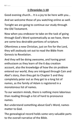 1 Chronicles 1-10 Good Evening Church... It Is a Joy to Be Here with You… and We Welcome Those of You Watching Online As Well