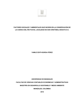 Factores Sociales Y Ambientales Que Inciden En La Conservación De La Cuenca Del Río Fucha, Localidad De San Cristóbal Bogota D.C