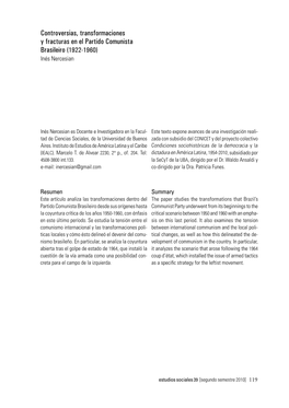 Controversias, Transformaciones Y Fracturas En El Partido Comunista Brasileiro (1922-1960) Inés Nercesian