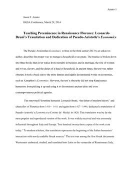 Teaching Preeminence in Renaissance Florence: Leonardo Bruni’S Translation and Dedication of Pseudo-Aristotle’S Economics