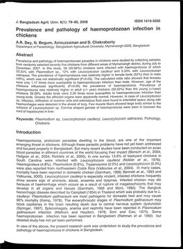 Prevalence and Pathology of Haemoprotozoan Infection in Chickens A.R