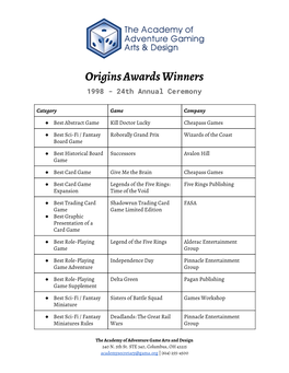 Origins Awards Winners 1998 - 24Th Annual Ceremony