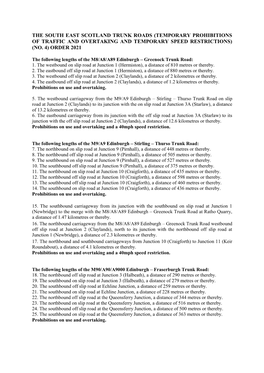 The South East Scotland Trunk Roads (Temporary Prohibitions of Traffic and Overtaking and Temporary Speed Restrictions) (No