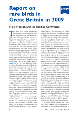 Report on Rare Birds in Great Britain in 2009 Nigel Hudson and the Rarities Committee
