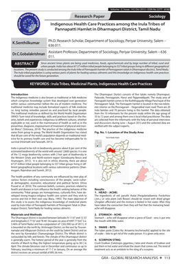 Research Paper Sociology Indigenous Health Care Practices Among the Irula Tribes of Pannapatti Hamlet in Dharmapuri District, Tamil Nadu