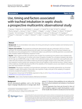 Use, Timing and Factors Associated with Tracheal Intubation in Septic Shock: a Prospective Multicentric Observational Study C