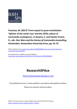 From Sequel to Quasi-Novelization: 'Splinter of the Mind’S Eye' and the 1970S Culture of Transmedia Contingency’, in Guynes, S