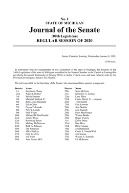 Journal of the Senate 100Th Legislature REGULAR SESSION of 2020