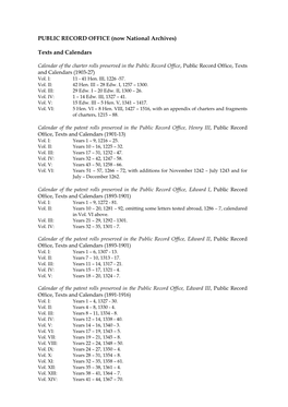 PUBLIC RECORD OFFICE (Now National Archives) Texts And