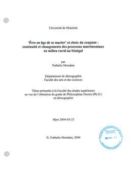 Continuité Et Changements Des Processus Matrimoniaux En Milieu Rural Au Sénégal