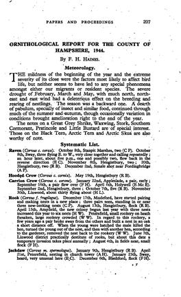 Ornithological Report for the County of Hampshire, 1944