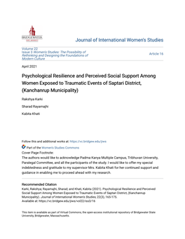 Psychological Resilience and Perceived Social Support Among Women Exposed to Traumatic Events of Saptari District, (Kanchanrup Municipality)