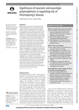 Significance of Neurexin and Neuroligin Polymorphisms in Regulating Risk of Hirschsprung’S Disease Yanhong Li, Hui Liu, Yubin Dong