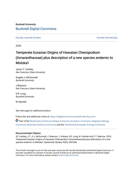 Temperate Eurasian Origins of Hawaiian Chenopodium (Amaranthaceae) Plus Description of a New Species Endemic to Moloka‘I