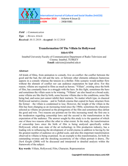 Transformation of the Villain in Hollywood Şükrü SİM Istanbul University Faculty of Communication Department of Radio Television and Cinema