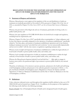 Regulation to Ensure the Sanitary and Safe Operation of Adult-Use Marijuana Establishments and the Sale of Adult-Use Marijuana