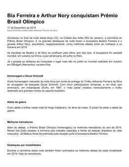Bia Ferreira E Arthur Nory Conquistam Prêmio Brasil Olímpico 11 De Dezembro De 2019 Oscar Schmidt Recebe Troféu Adhemar Ferreira Da Silva