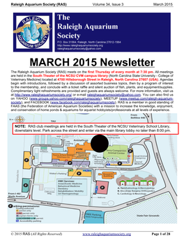 MARCH 2015 Newsletter the Raleigh Aquarium Society (RAS) Meets on the First Thursday of Every Month at 7:30 Pm