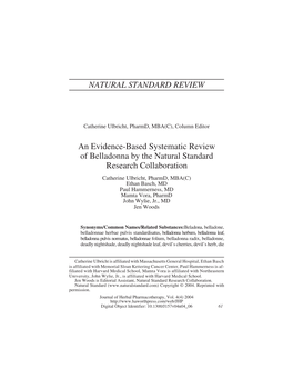 NATURAL STANDARD REVIEW an Evidence-Based Systematic Review of Belladonna by the Natural Standard Research Collaboration