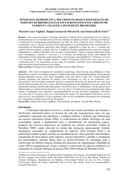 Fenologia Reprodutiva, Recursos Florais E Polinização De Espécies De Bromeliaceae Em Um Remanescente Urbano De Floresta Atlântica Do Sudeste Brasileiro