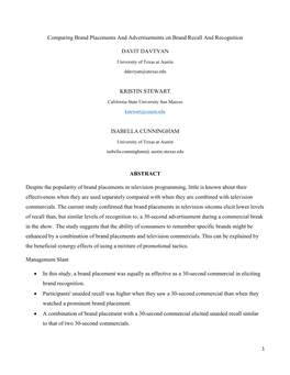 Comparing Brand Placements and Advertisements on Brand Recall and Recognition