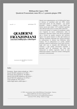 Bibliografia Ligure 1988 Quaderni Franzoniani, Anno III, N. 1, Gennaio-Giugno 1990